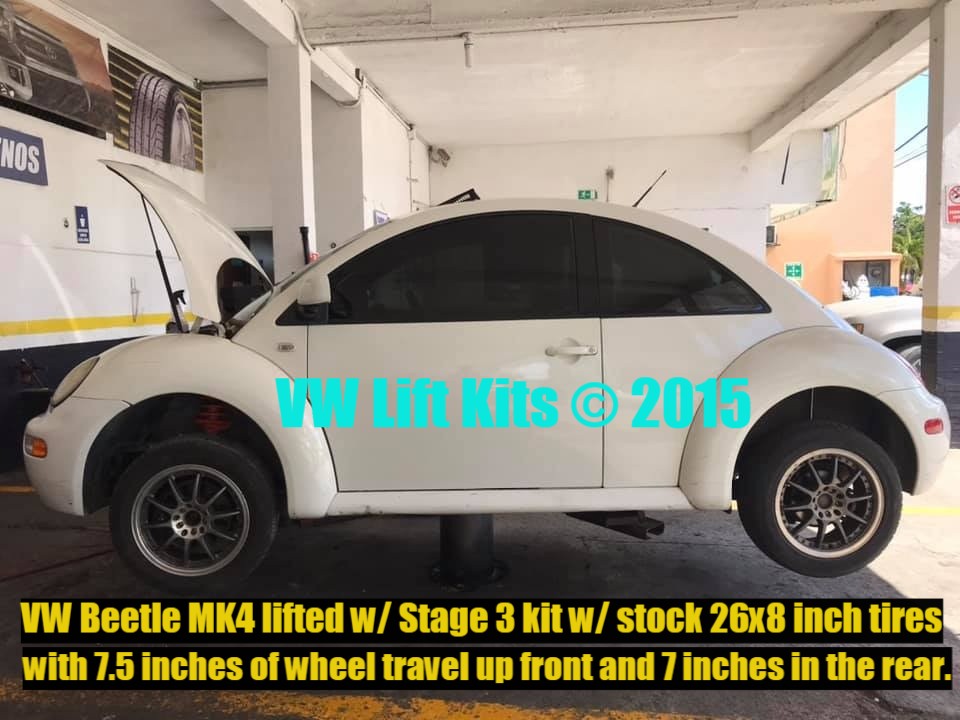 VW New Beetle lifted with Stage 3 Kit with 7.5 inches of wheel travel up front and 7 inches in the rear. 